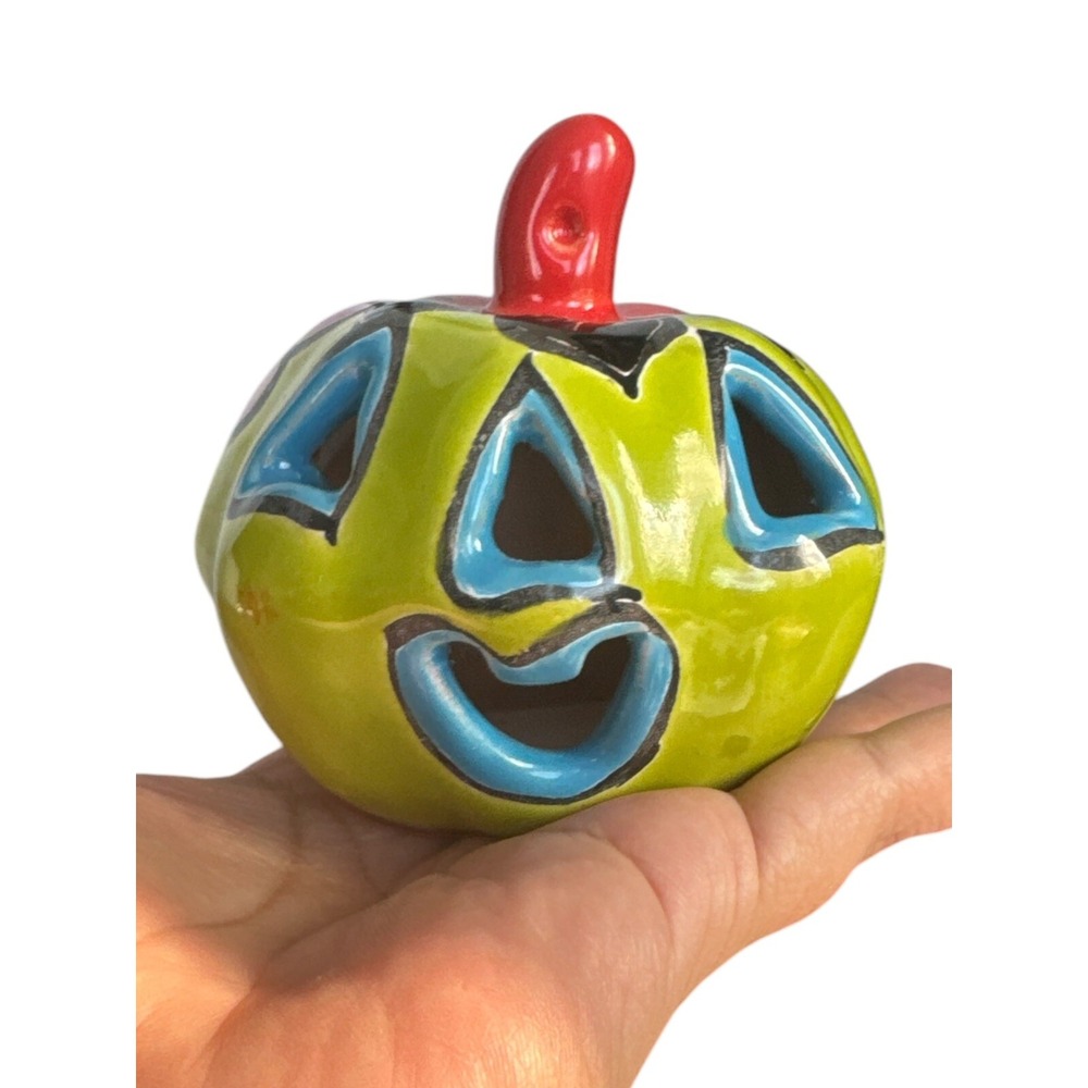Talavera Mexican Jack O Lantern Ceramic Pottery Pumpkin Figurine 4 inch Venegas